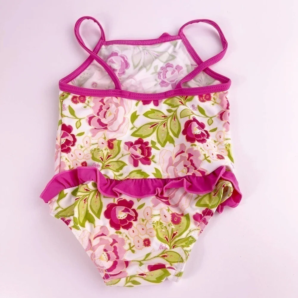 KENZO Kids Pink Green White Rose Floral Ruffle One Piece Swimsuit Swim 12 Months